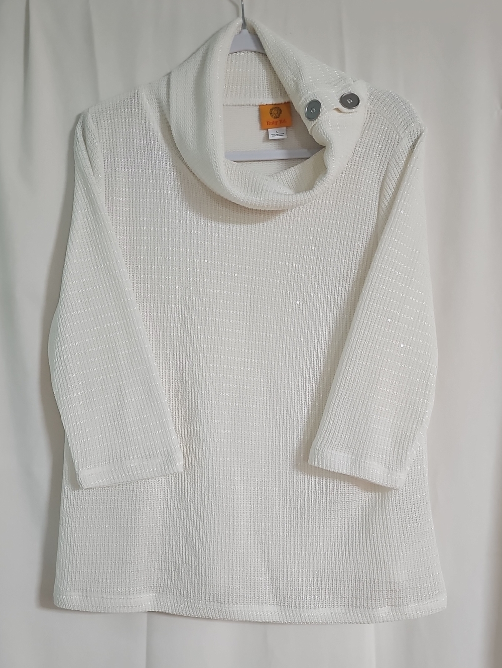 Ruby Rd. White Sparkle Cowl Neck Sweater with Button Accents
